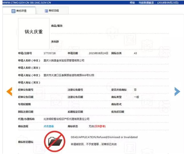 “重庆火锅”注册商标受阻  商标申请被驳回
