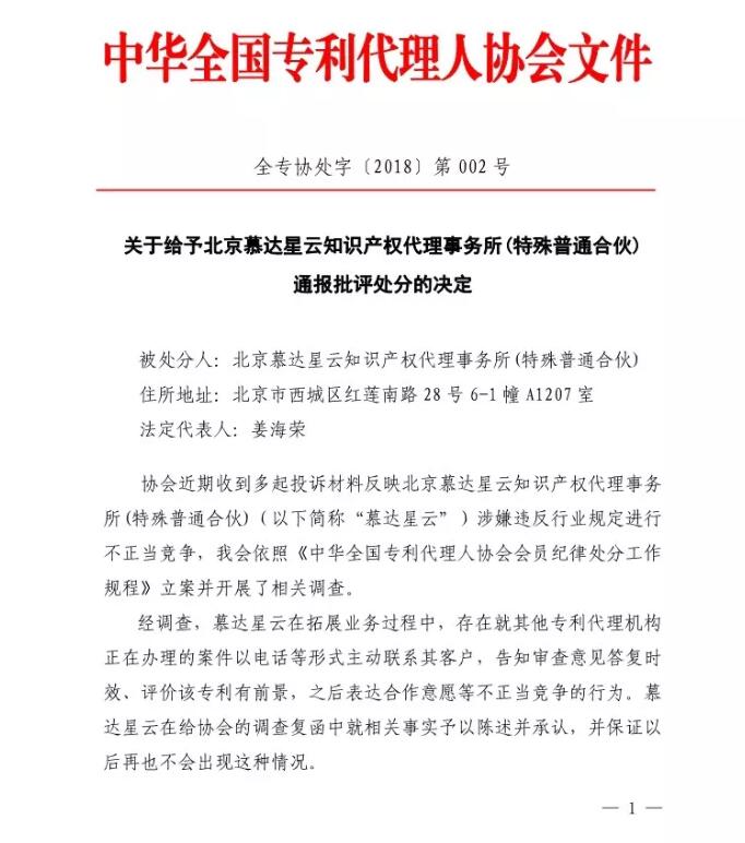 6家知识产权代理公司因不正当竞争等被通报批评（处分决定书全文）