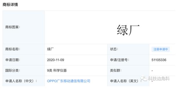 OPPO申请注册“绿厂”、“欧叶”等多个商标