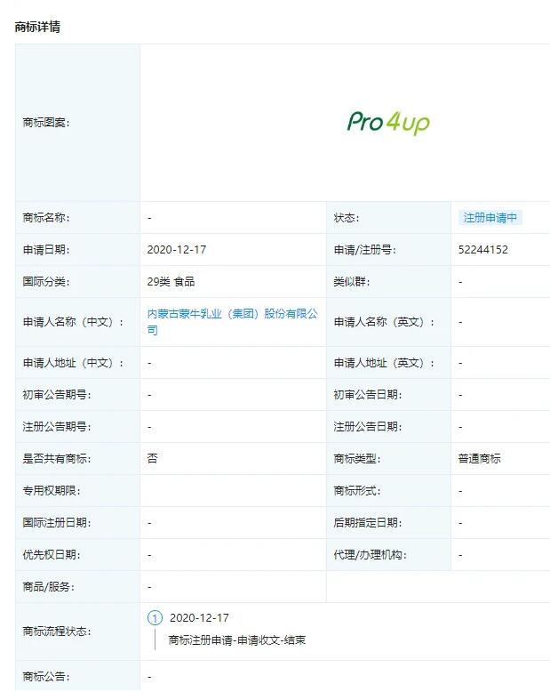 “Pro4up”商标被蒙牛集团申请