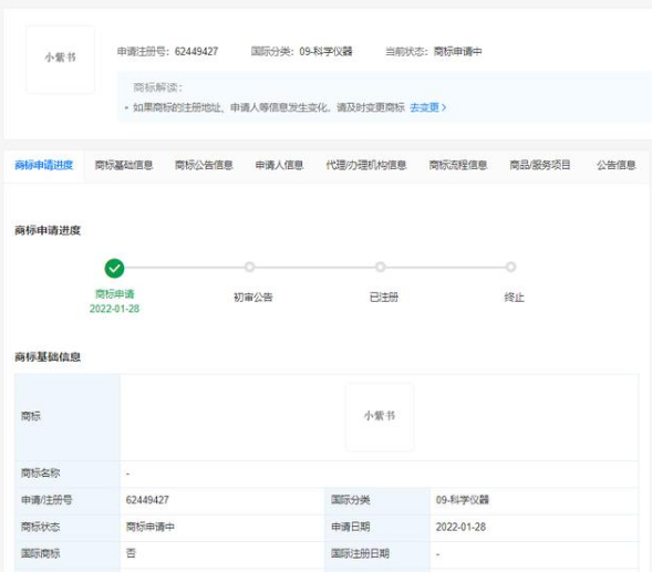 小红书申请注册小紫书商标