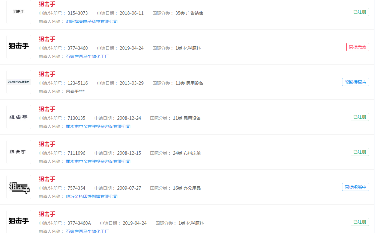 电影《狙击手》已被注册商标,涉及多种分类 电影《狙击手》已被注册商标,涉及多种分类