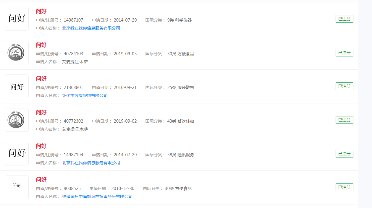 “问好”已申请商标注册成功，分类涉及众多