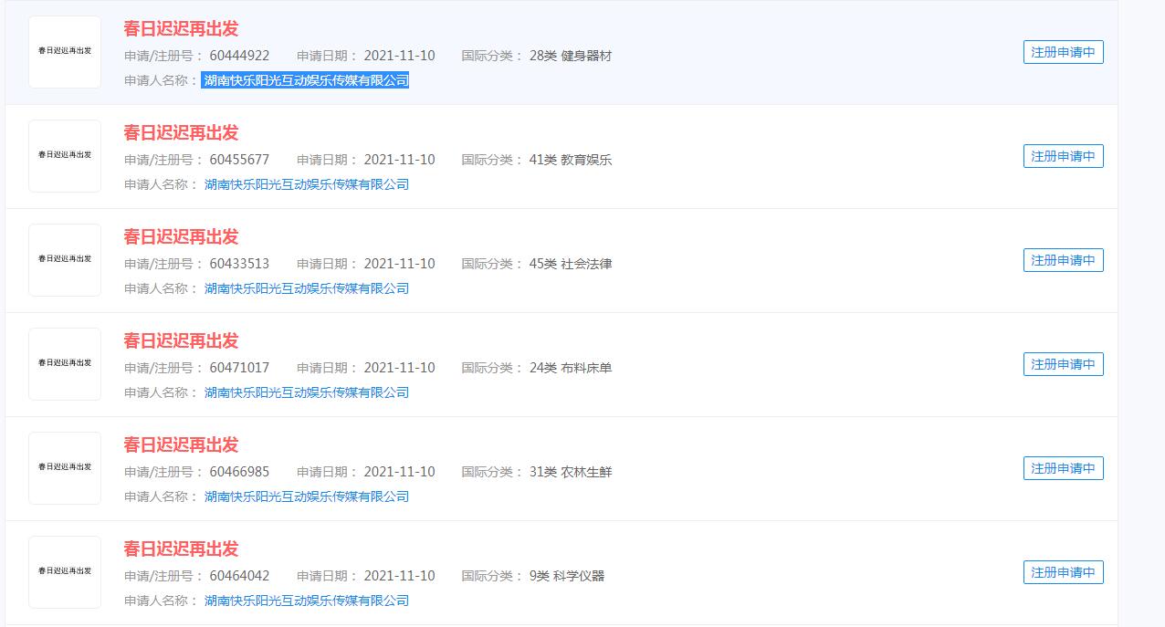 真人秀《春日迟迟再出发》商标状态显示申请中，官方保护及时