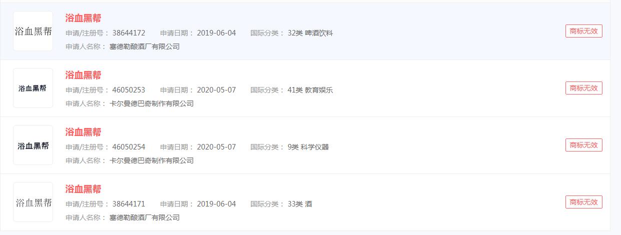 电视剧：《浴血黑帮》商标申请无效