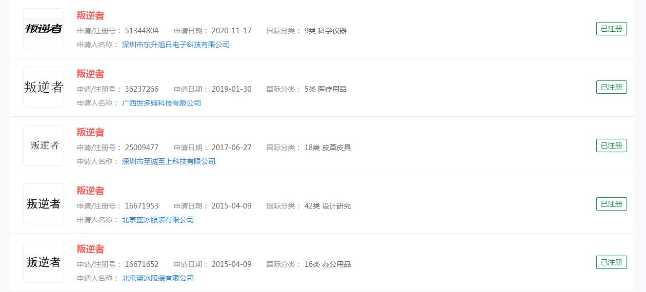 电视剧《叛逆者》商标，已被不同公司申请注册成功，分类不尽相同