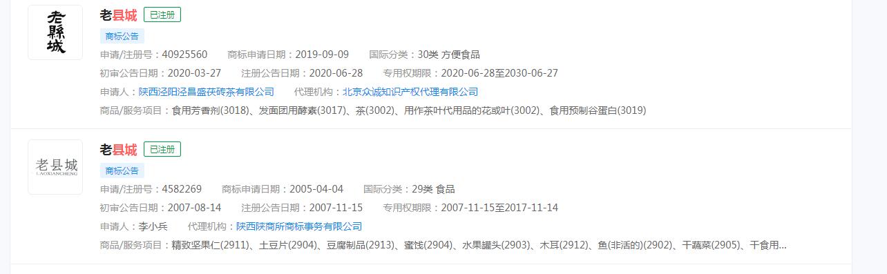 “老县城”商标已注册，分类涉及不同