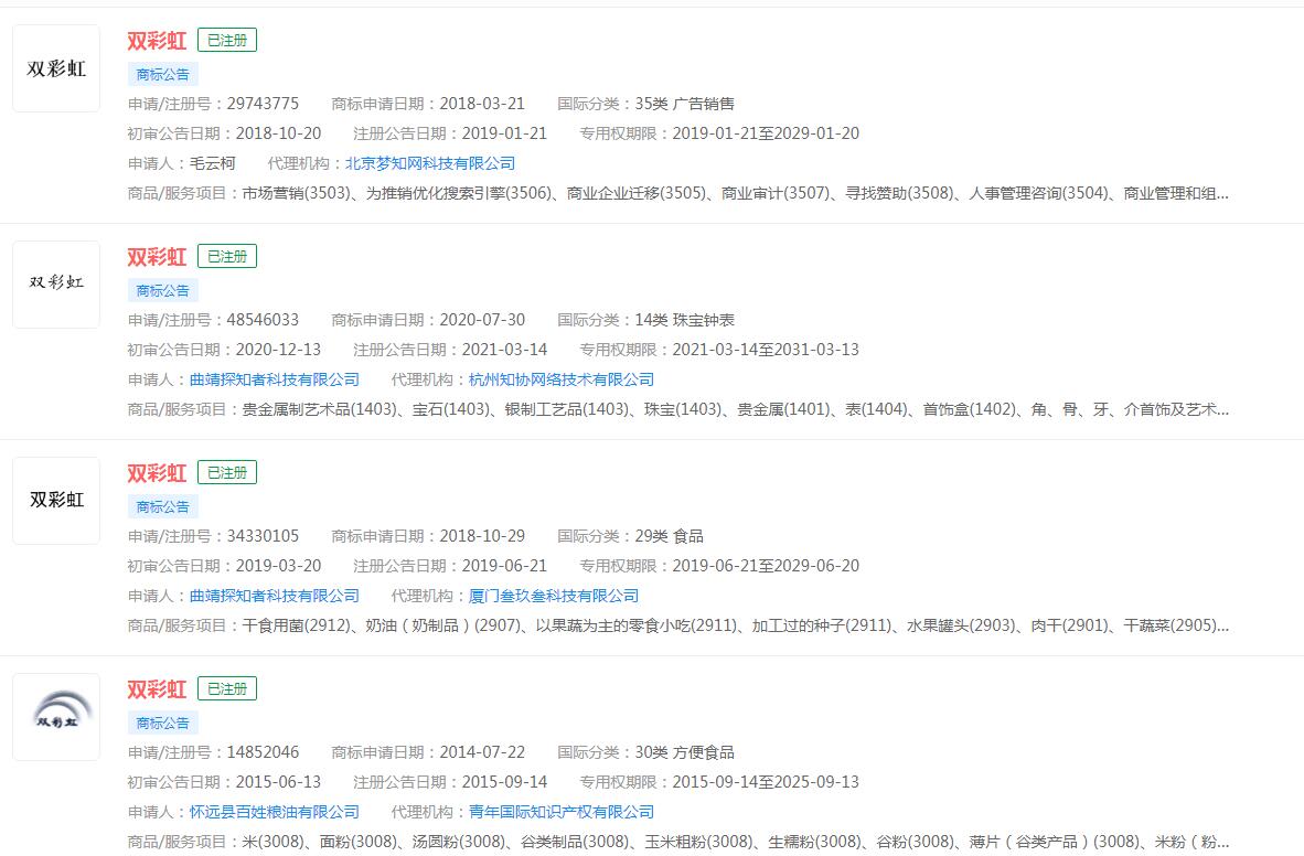 “双彩虹”已注册商标,分类涉及不同 “双彩虹”已注册商标,分类涉及不同