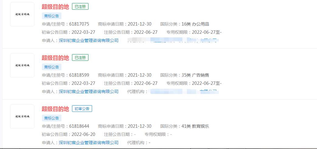 “超级目的地”成功注册商标，分类涉及 广告销售、办公用品