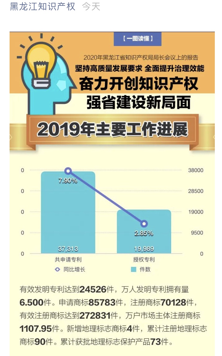 2019年黑龙江共申请专利37313件同比增7.90%