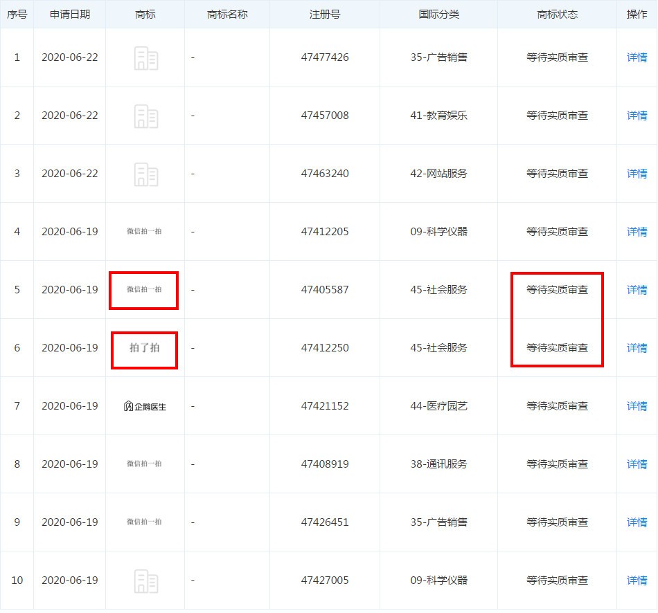 腾讯申请拍一拍商标 状态为“等待实质审查”