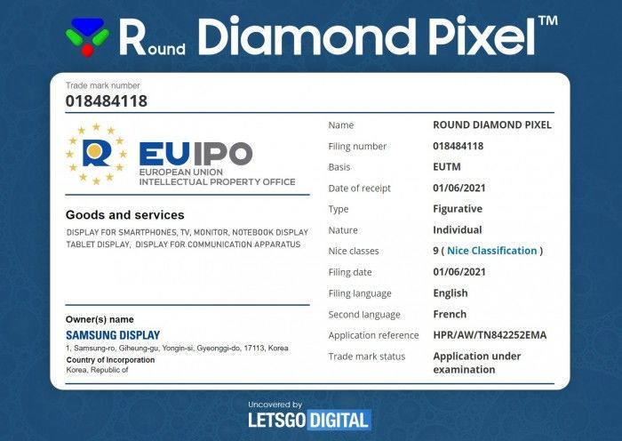 2021年6月3日三星向欧盟、英国和韩国知识产权局（KIPO）提交“Round Diamond Pixel”商标注册申请